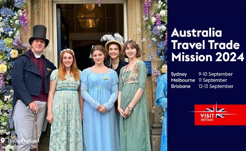 Visit Britain Australia travel trade mission graphic with people in period costume outside the Jane Austen Centre in Bath